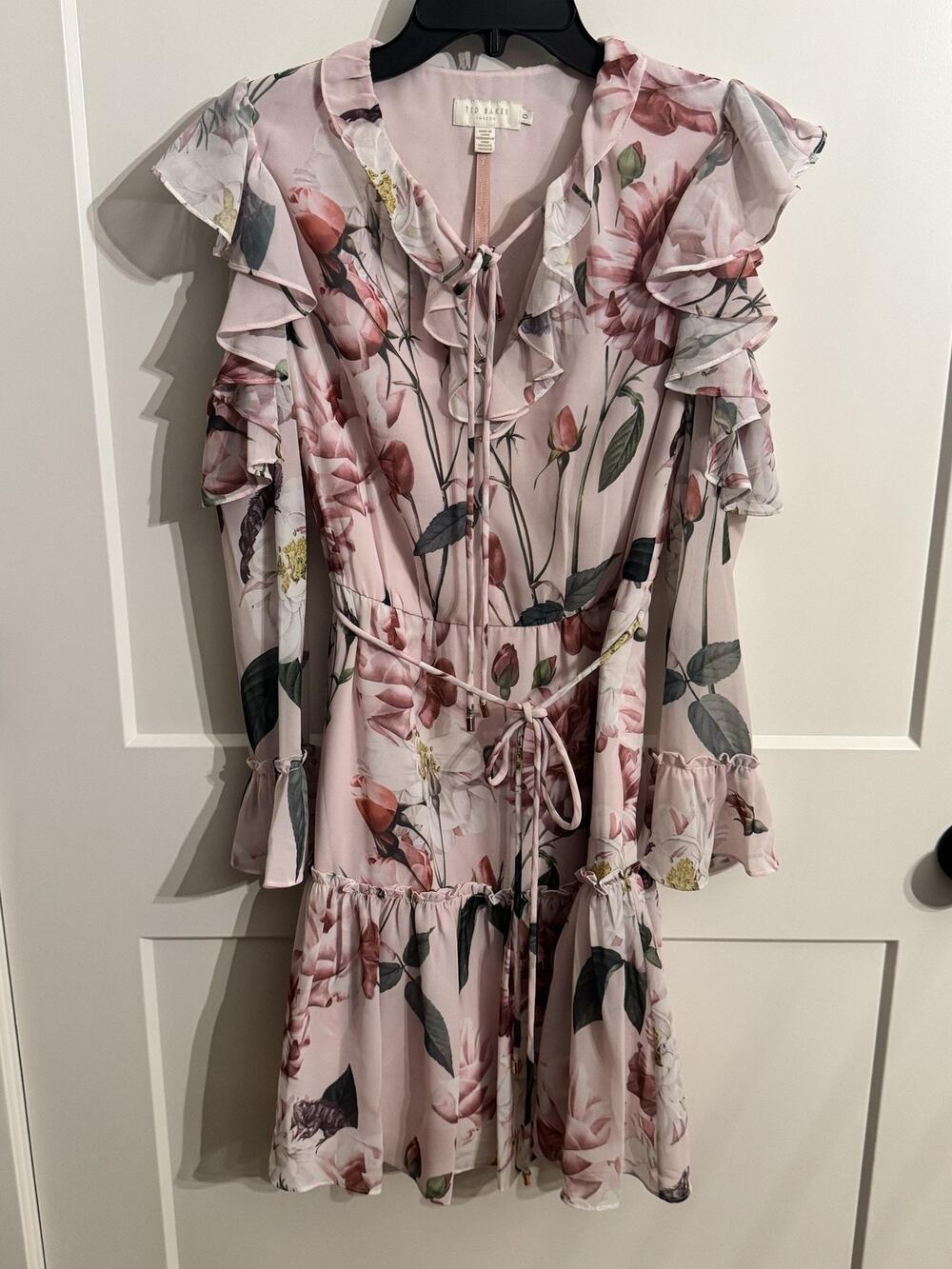 Ted Baker Dress Sz 0 Pink Floral Chiffon Ruffle Easter Summer Wedding Boho